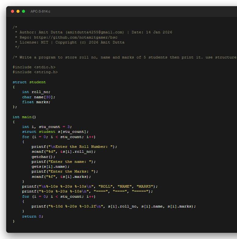 Write a program to store roll no, name and marks of 5 students then print it. use structure